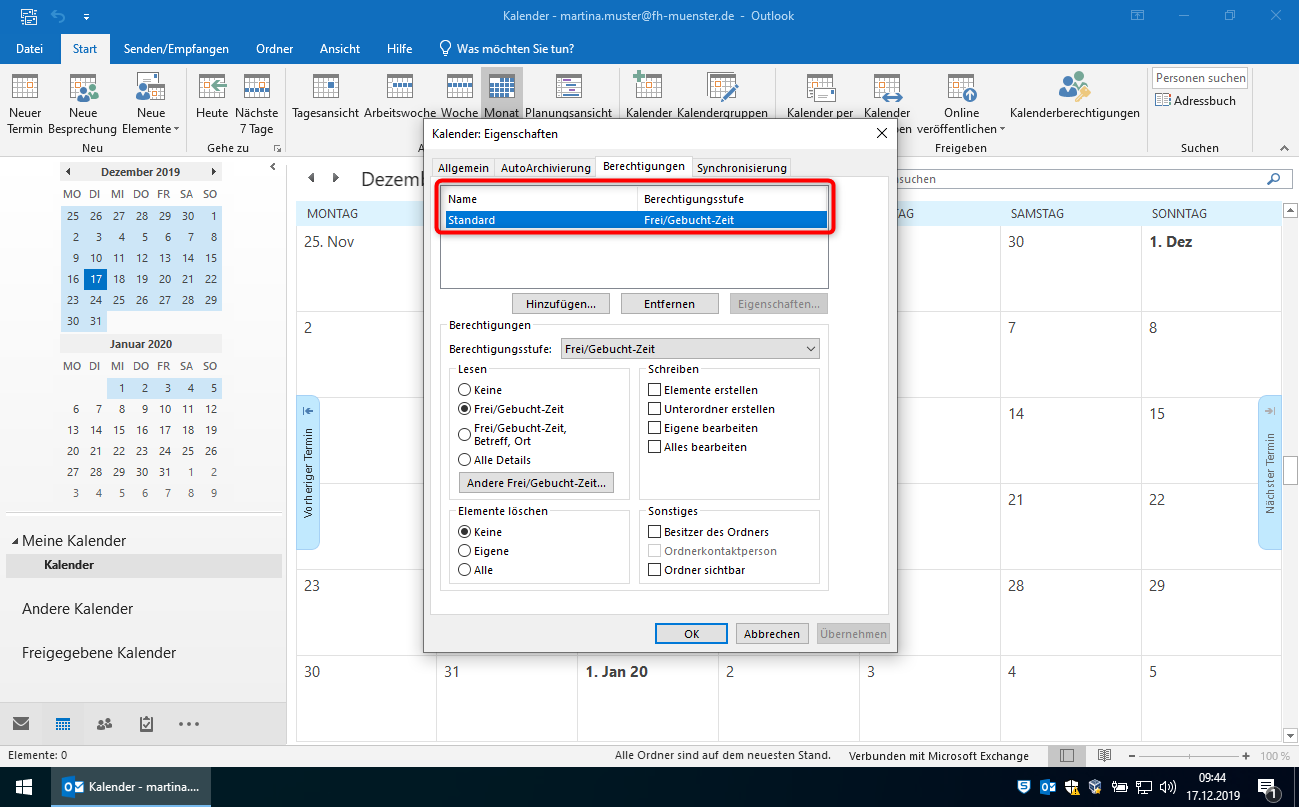 Einführung in das Berechtigungssystem der Kalenderverwaltung über Outlook 2019 - Tutorials 